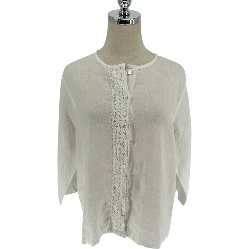 Russ Berens Top Women's Size Small White Linen Lace Crochet Coastal Cottagecore